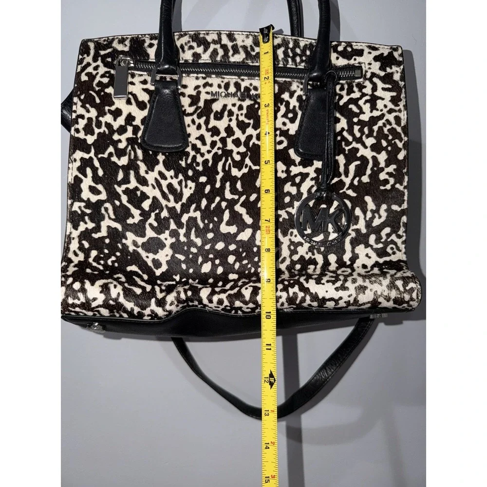 Michael Kors Sophie Large Satchel Bag Black Leather with Calf Hair Black White 1